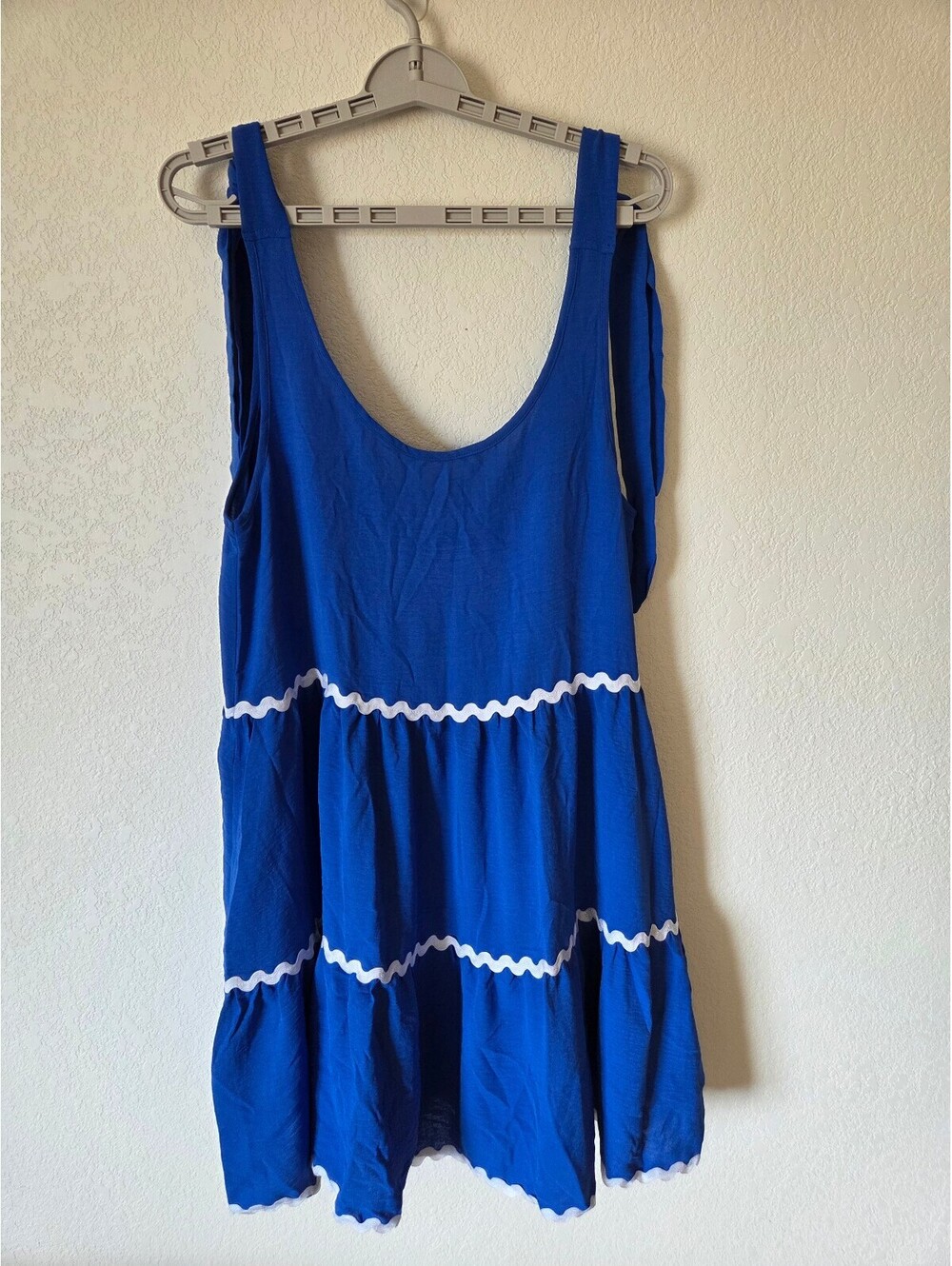Sixtas Medium Blue Tie Strap Summer Dress with White Rickrack Trim